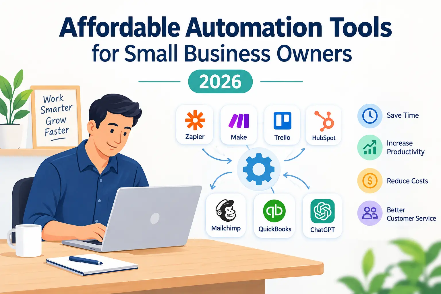 Affordable automation tools for small business owners in 2026, featuring business software, AI automation, and productivity solutions.