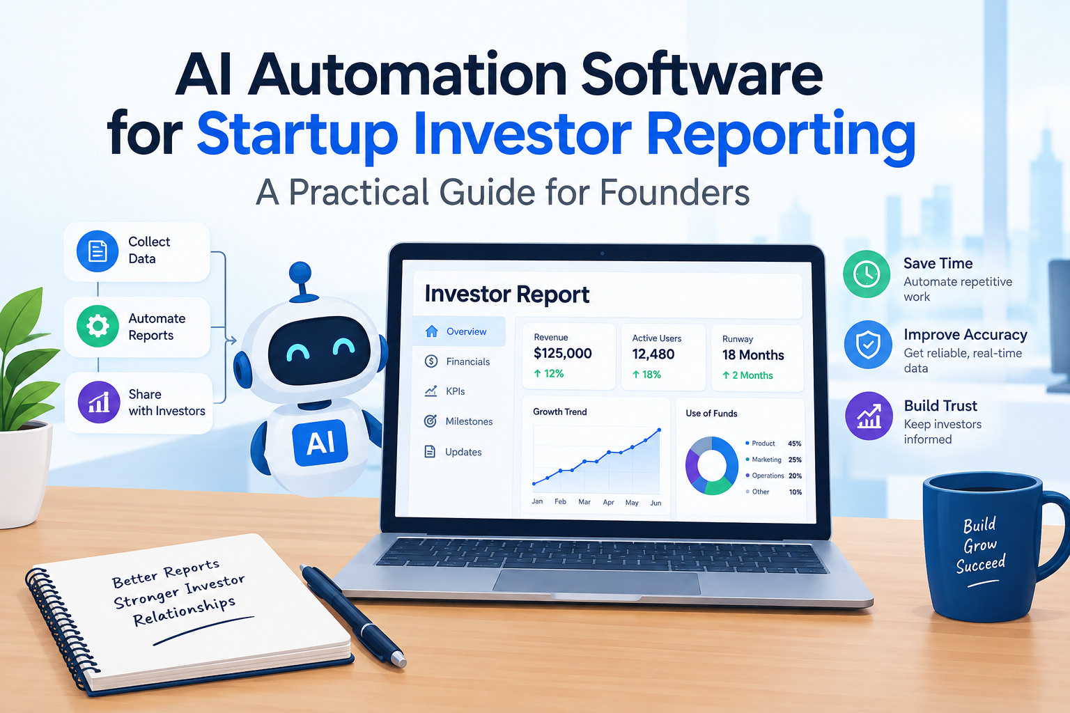 AI automation software for startup investor reporting, showing an investor dashboard, automated reporting workflow, AI assistant, and startup financial metrics.
