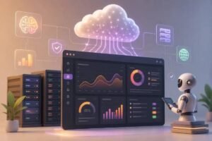 AI cloud monitoring dashboard analyzing cloud infrastructure, application performance, logs, metrics, anomalies, security events, and resource usage.