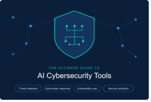 Cover graphic titled "The Ultimate Guide to AI Cybersecurity Tools" on a dark navy background. A teal-outlined shield with a circuit-style brain inside sits at the top, surrounded by connected blue network nodes. Below the title are four labels: Threat detection, Automated response, Vulnerability scan, and Security analytics.