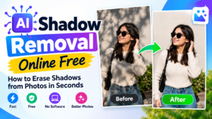 AI shadow removal online free tool showing before-and-after photo editing to erase shadows and improve image lighting.