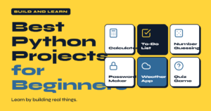 Feature image titled "Best Python Projects for Beginners" in bold navy and blue text on a bright yellow background, with a grid of six project cards beside it: