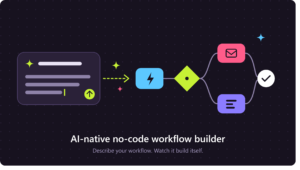 Illustration of an AI-native no-code workflow builder on a dark plum background. A prompt box with a blinking cursor and send button sits on the left, with a dashed arrow and sparkles pointing to a generated workflow on the right.