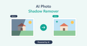 Before and after illustration of a house photo, with a dark shadow on the left image removed in the right image, under the title “AI Photo Shadow Remover.”