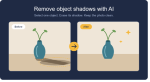 AI shadow remover tool showing a before and after photo of a teal vase with its object shadow erased from the floor.