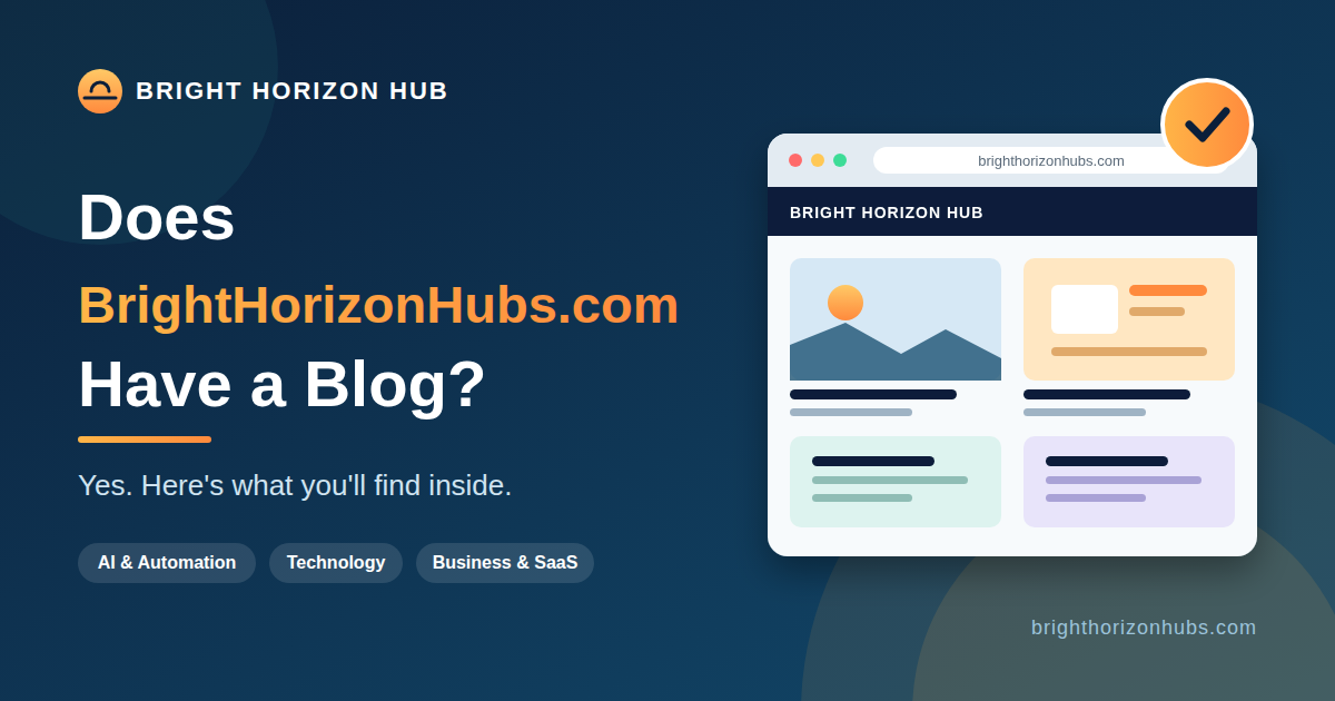 Feature image asking “Does BrightHorizonHubs.com have a blog?” with a blog homepage mockup and a green-light checkmark