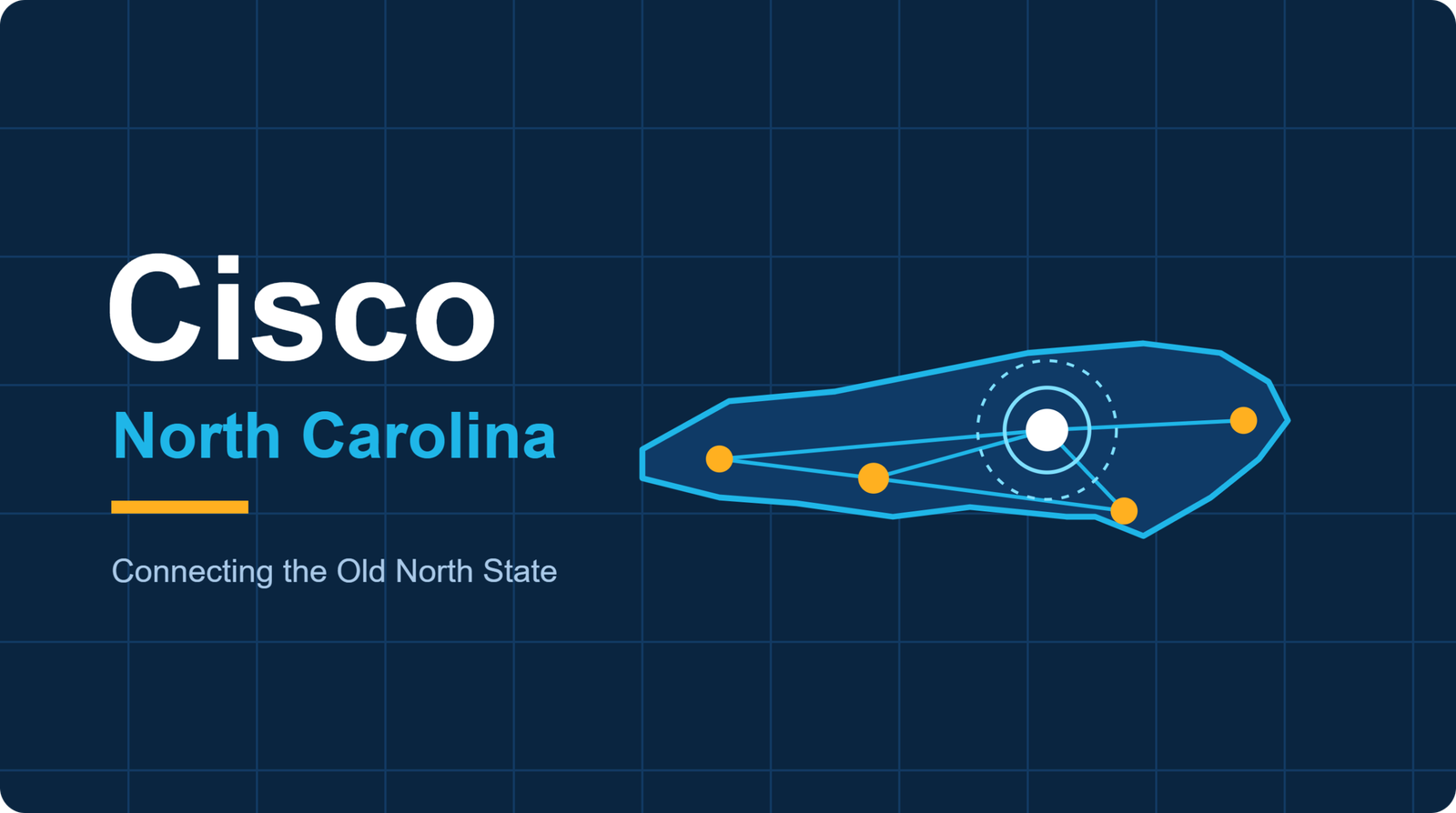 Deep blue banner reading “Cisco North Carolina” beside a stylized outline of North Carolina, with glowing network nodes connected by lines and a highlighted node marking the Research Triangle.