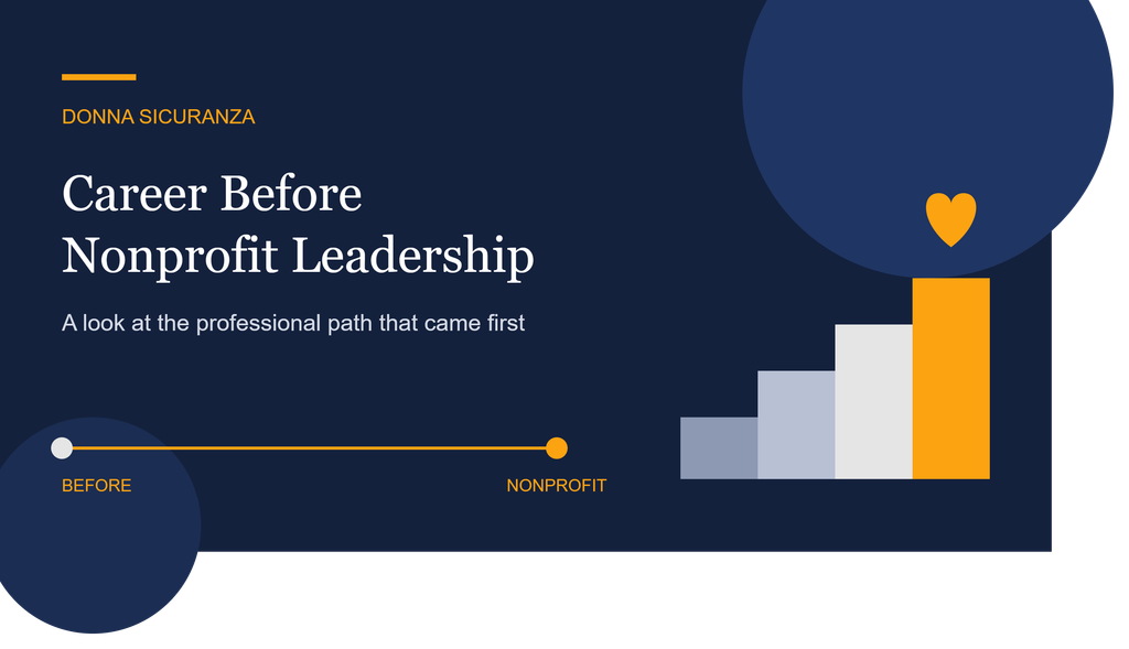 Banner titled “Donna Sicuranza’s Career Before Nonprofit Leadership” on a navy background, with a staircase rising to a gold heart.