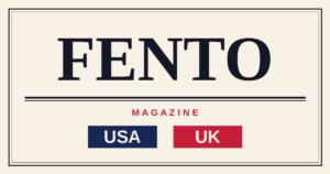 Cream magazine-style graphic with the bold serif masthead “FENTO”, the word “MAGAZINE” in red below it, and navy “USA” and red “UK” badges.