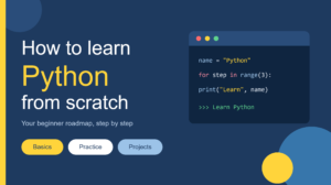 Navy banner titled "How to learn Python from scratch" beside a code window showing a short Python loop, with three step labels below: Basics, Practice, Projects.