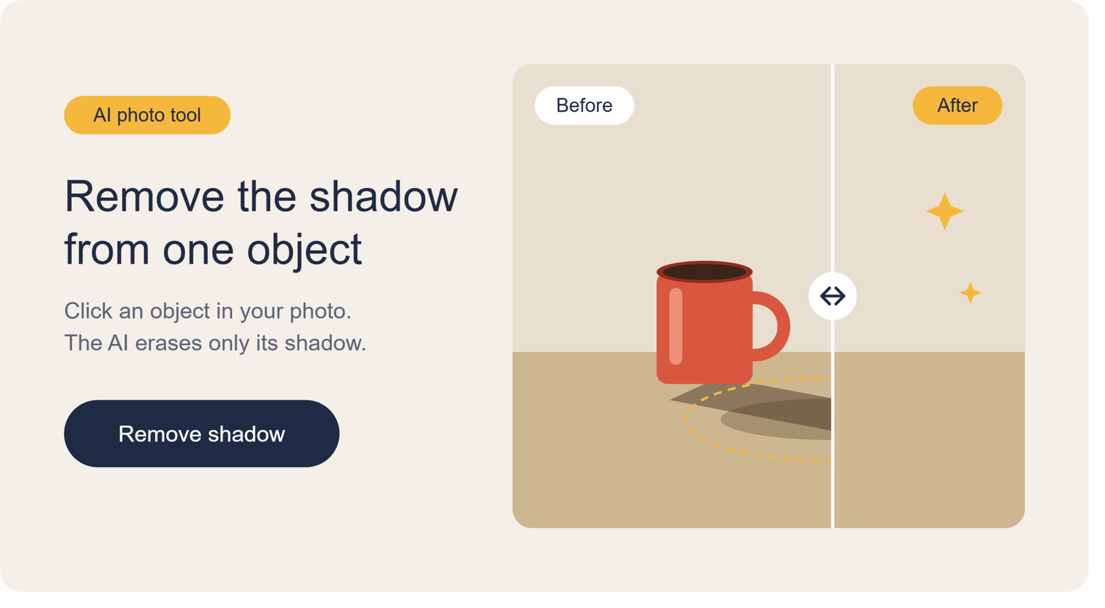 Before and after slider showing a terracotta mug photo with its shadow removed by an AI shadow remover tool.
